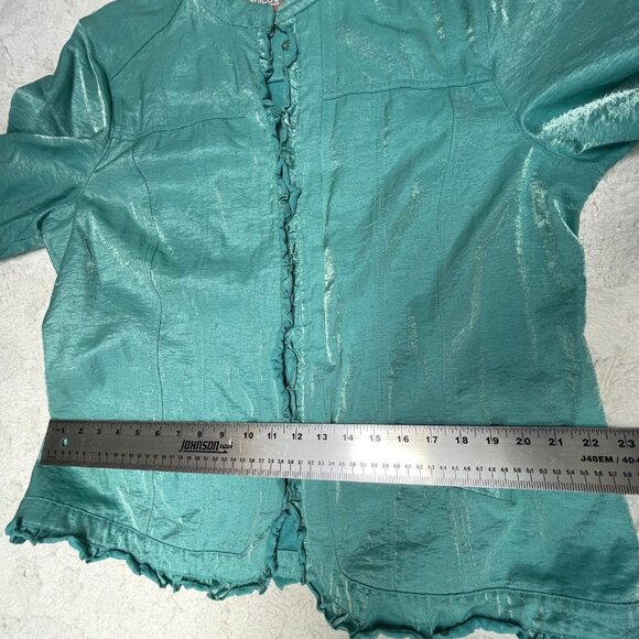 Chico's Women's Size 3 Blue 3/4 Sleeve Coat Jacket Lightweight Lined Ruffle Edge - Picture 8 of 9